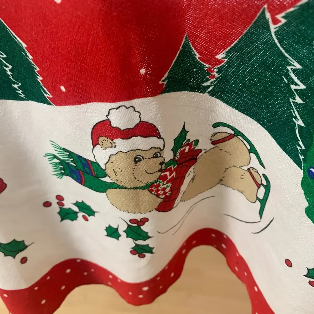 Vintage Christmas Tablecloth Round Red Holiday Teddy Bear Snow Scene 60” Decor